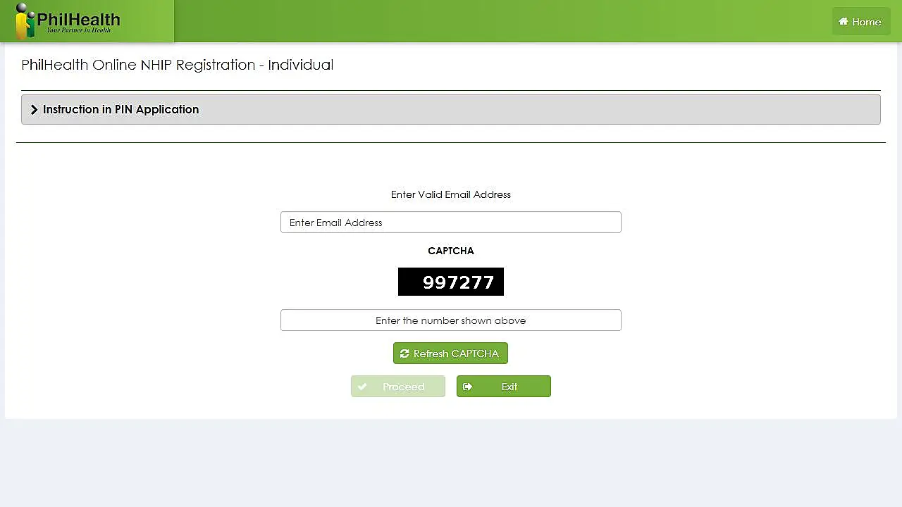 Official new-member PIN application screen with email, CAPTCHA and Proceed fields