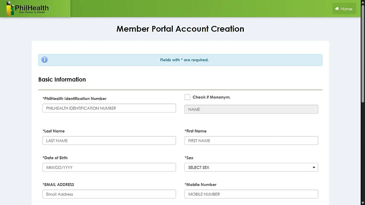Official Member Portal Account Creation page showing the basic information fields