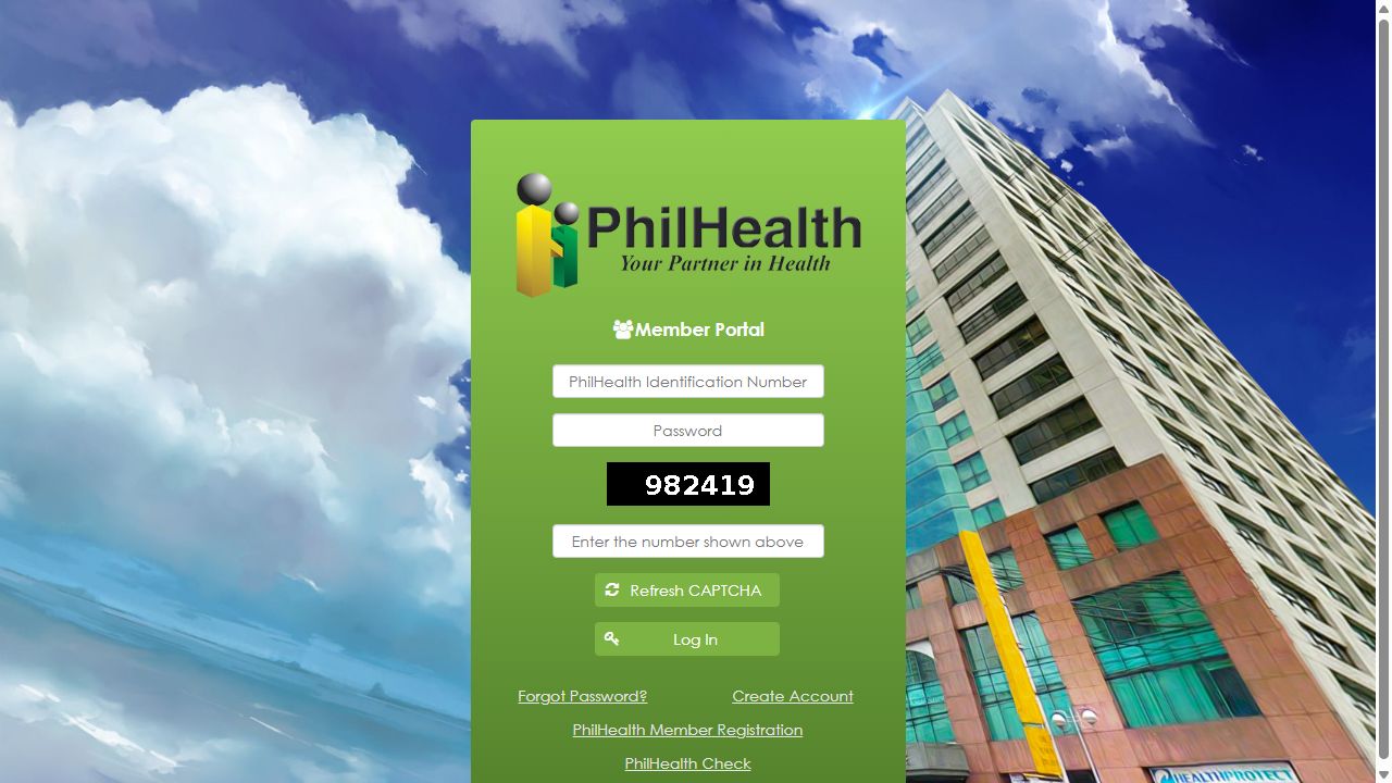 Official PhilHealth Member Portal login screen with PIN, password and CAPTCHA fields