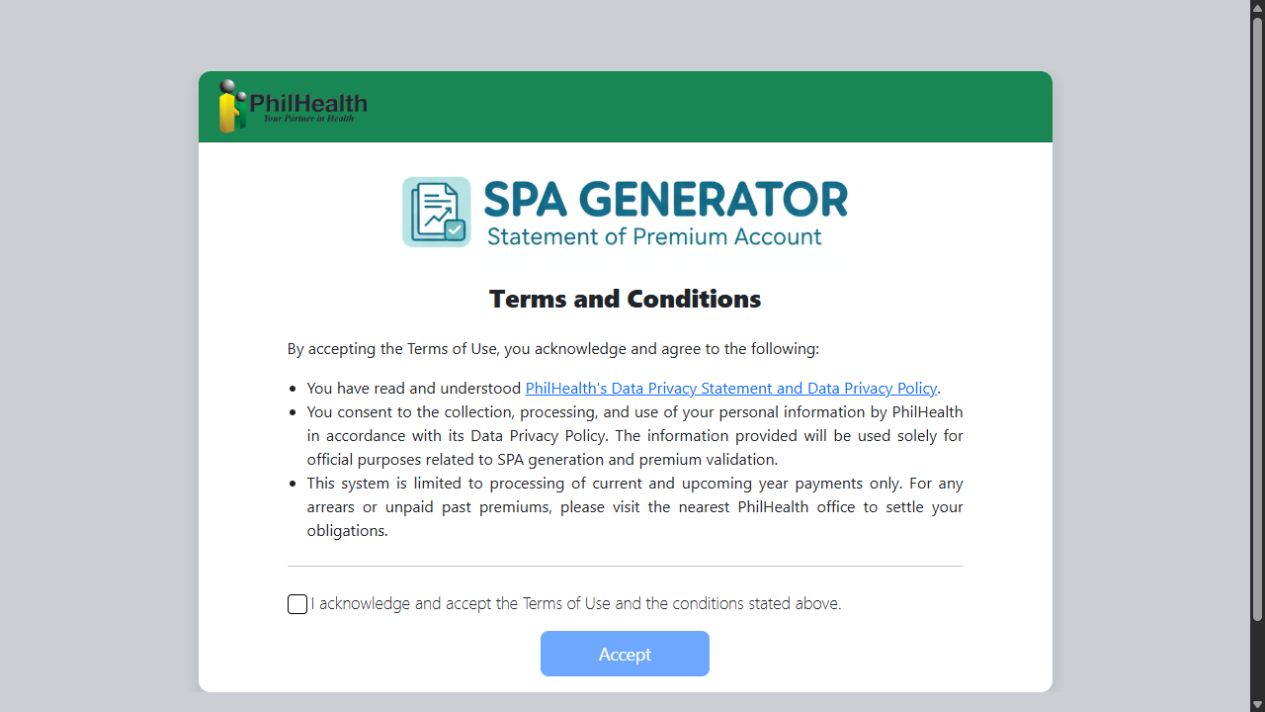 Official PhilHealth SPA Generator opening screen showing terms and an acknowledgement checkbox
